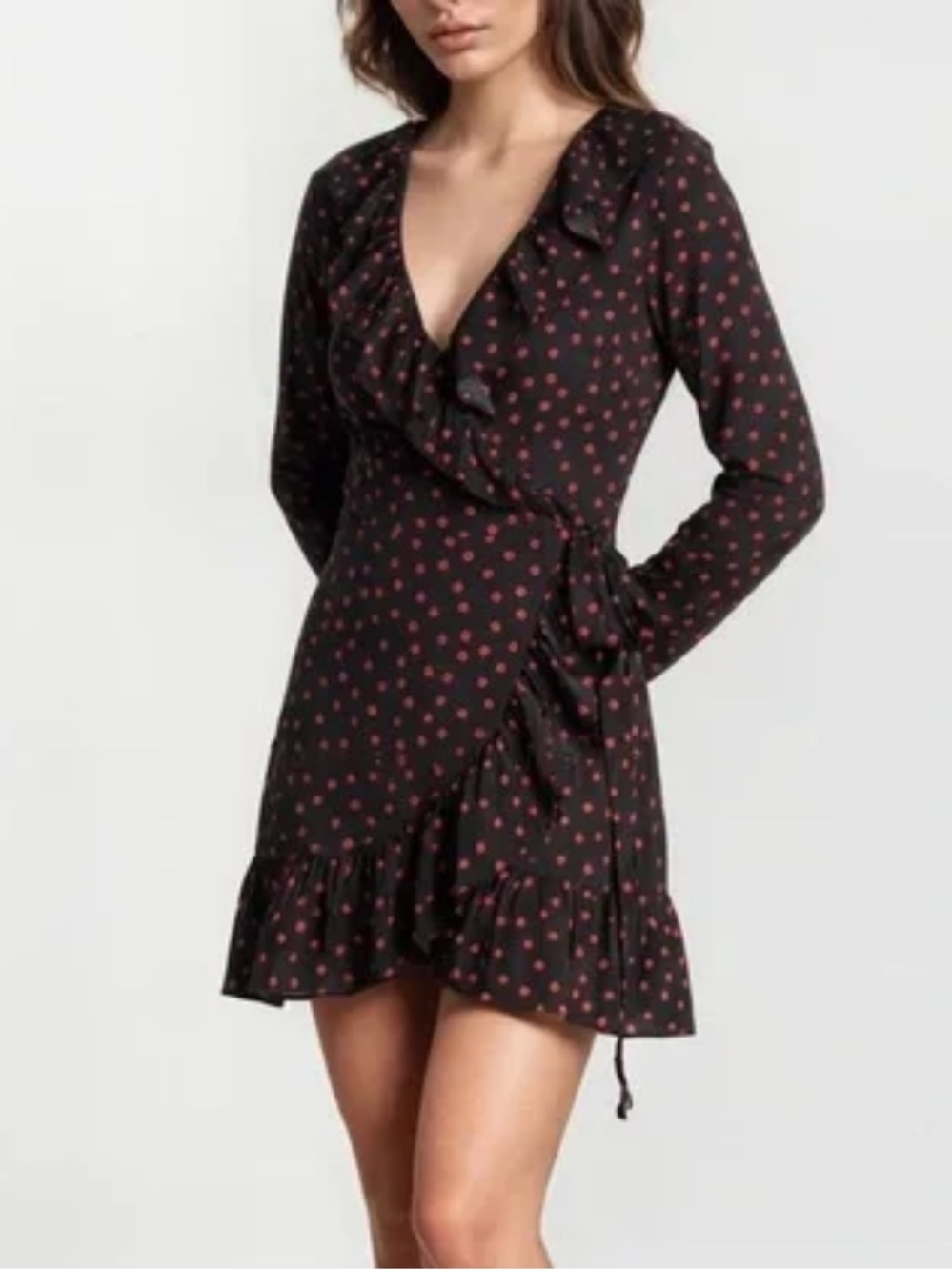 Realisation Par Alexandra Black Mini Wrap Dress Red Polka Dots Medium 100% Silk - Picture 3 of 14